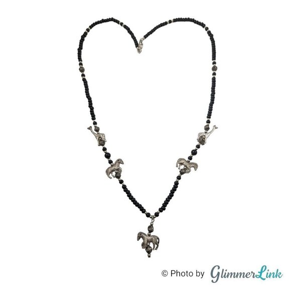 Bohemian Tribal Zebra & Giraffe Charm Black Beaded Silver Tone Necklace - Picture 2 of 8
